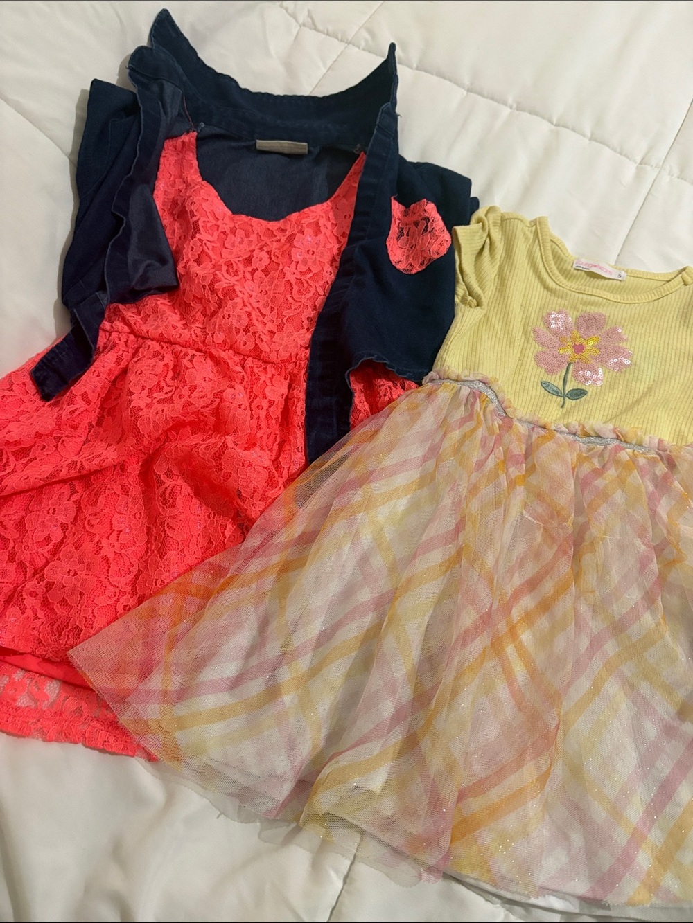 Girls' Neon Coral Lace Dress with Navy Cardigan
